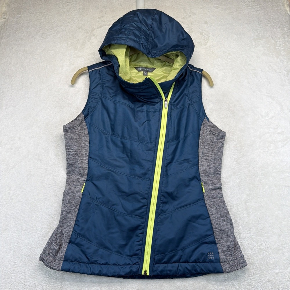 Title Nine Womens M Hooded Vest Blue Gray Full Zip Stretch Athletic Outdoor